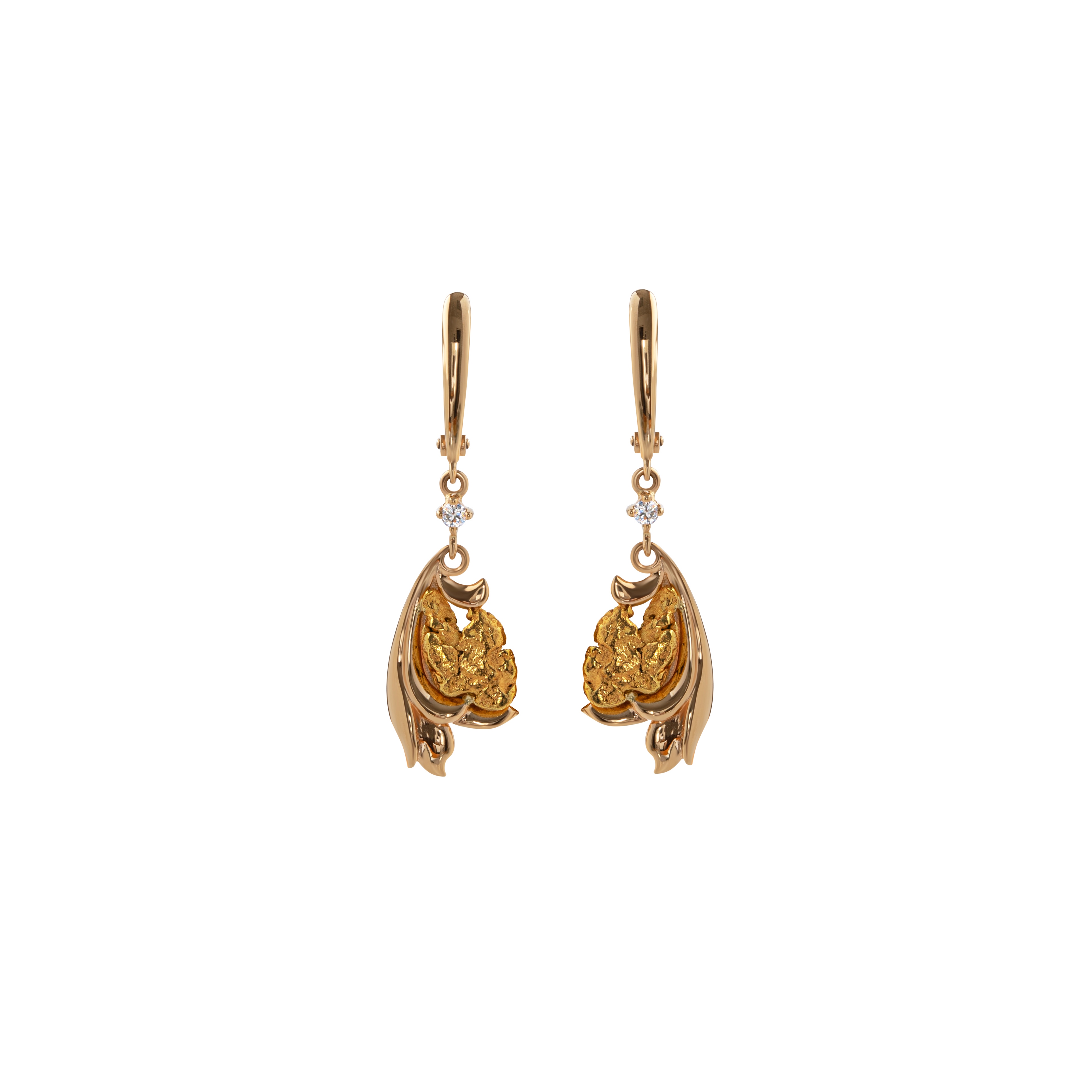 Серьги из желтого золота с самородком и бриллиантами