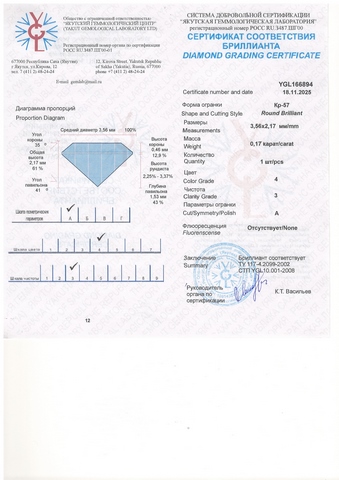 Бриллиант круглый 0,170 карат