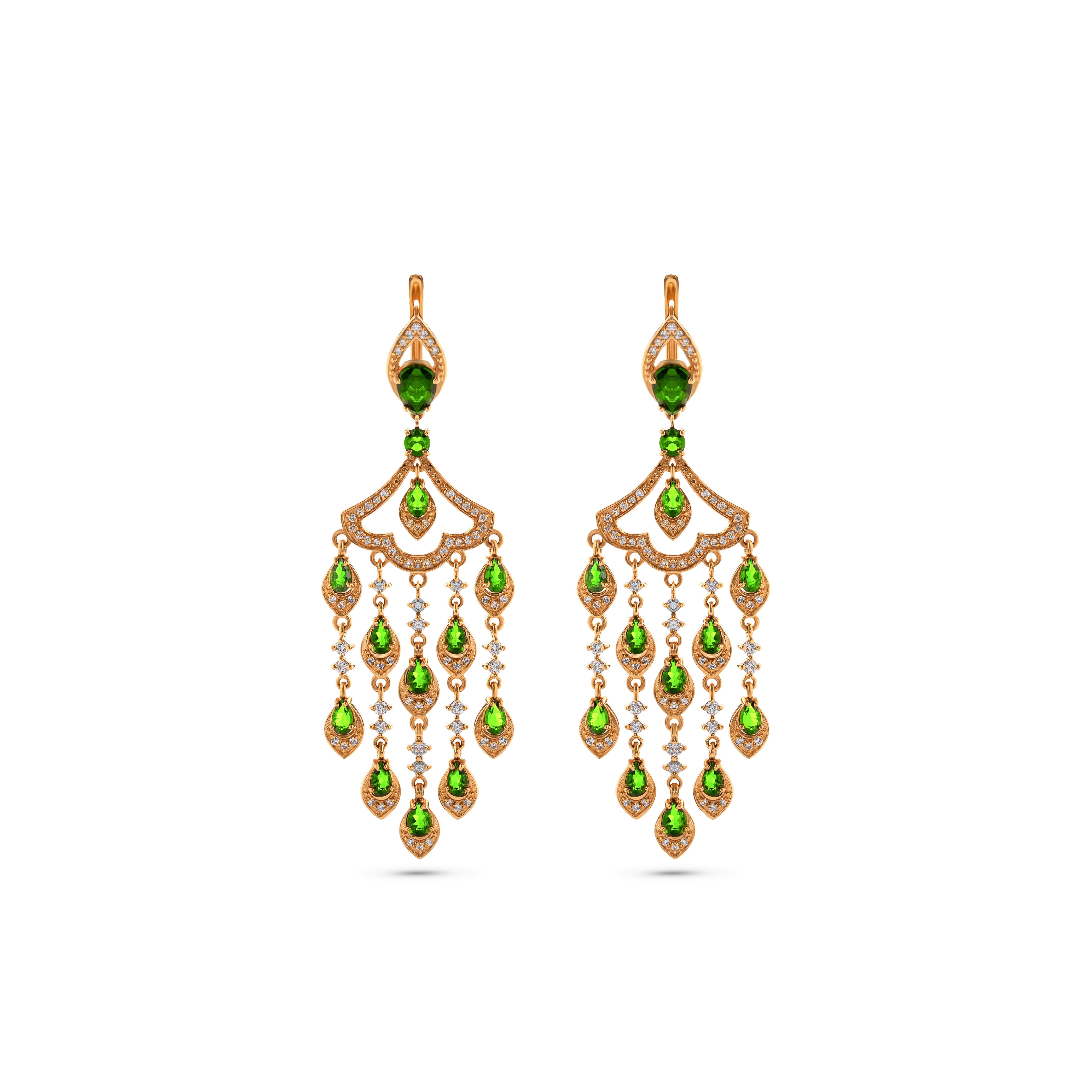 Серьги из желтого золота с хромдиопсидом и бриллиантами