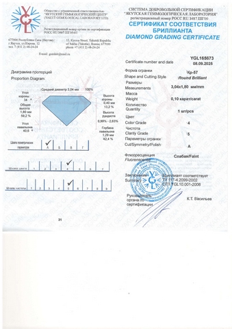 Бриллиант круглый 0,100 карат