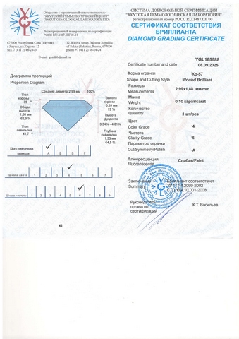 Бриллиант круглый 0,100 карат