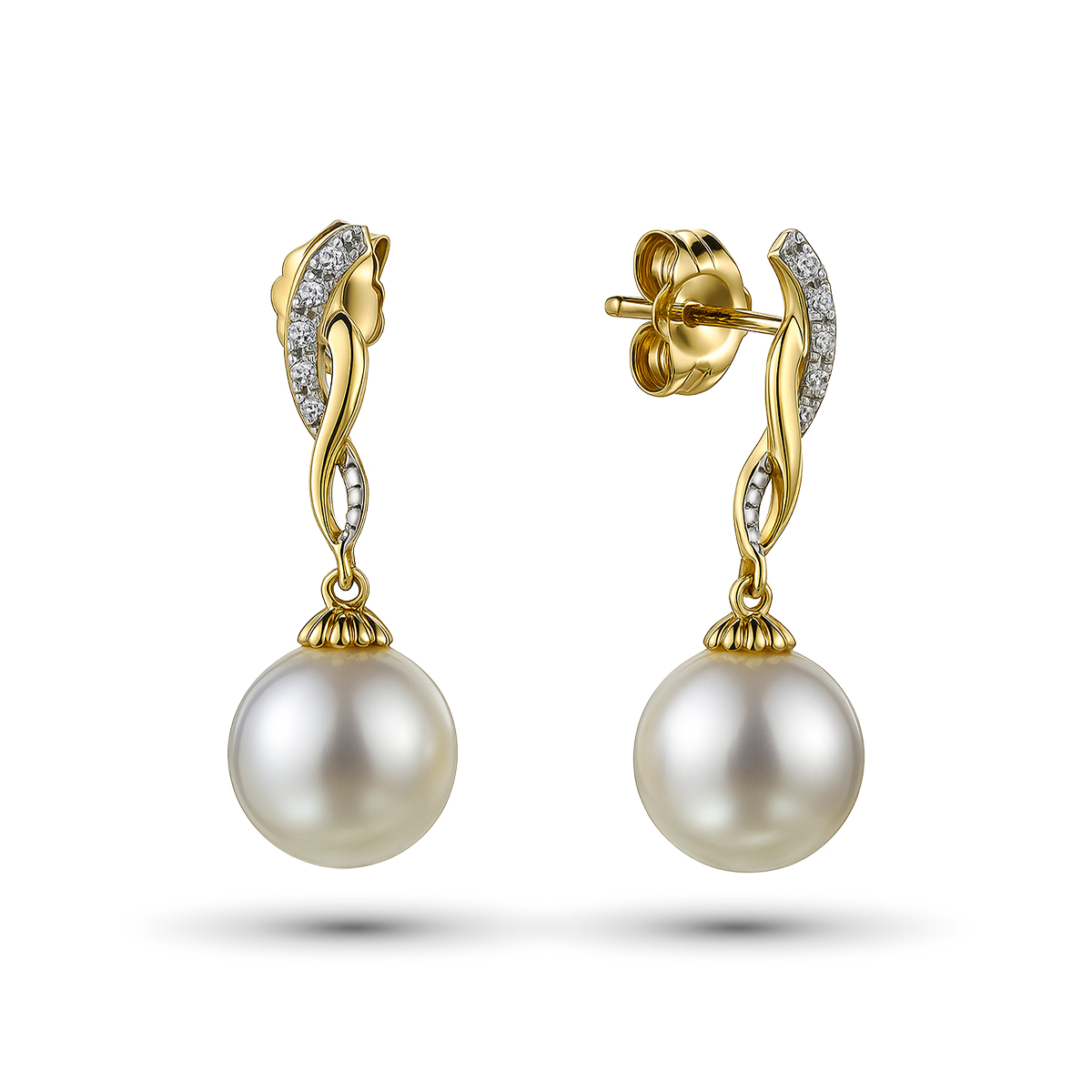 Серьги из желтого золота с жемчугом и бриллиантами