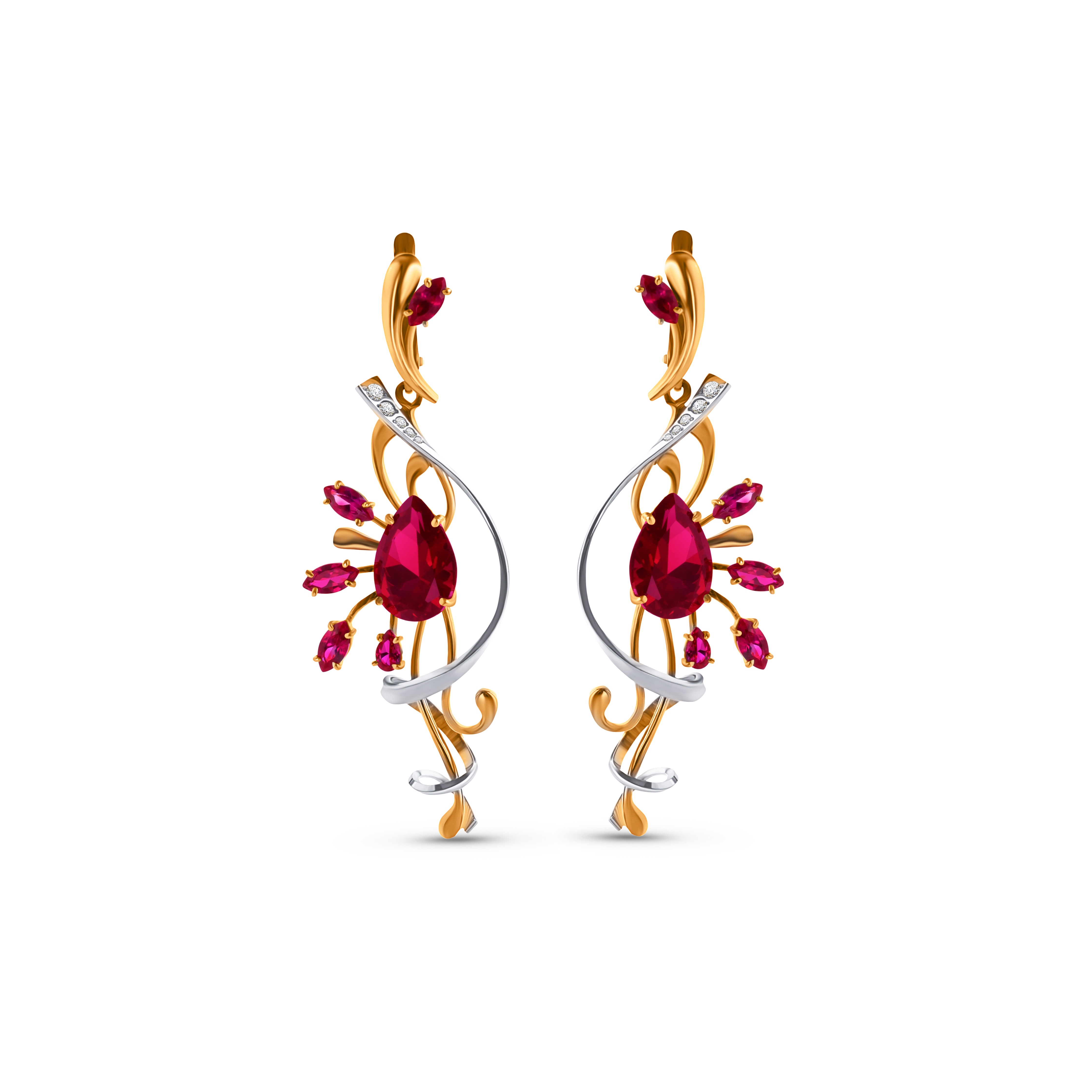 Серьги из комбинированного золота с корундом и бриллиантами
