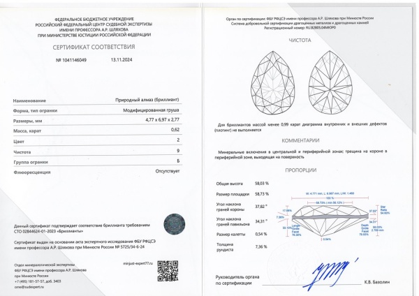 Бриллиант груша 0,620 карат