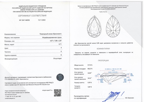 Бриллиант груша 0,710 карат