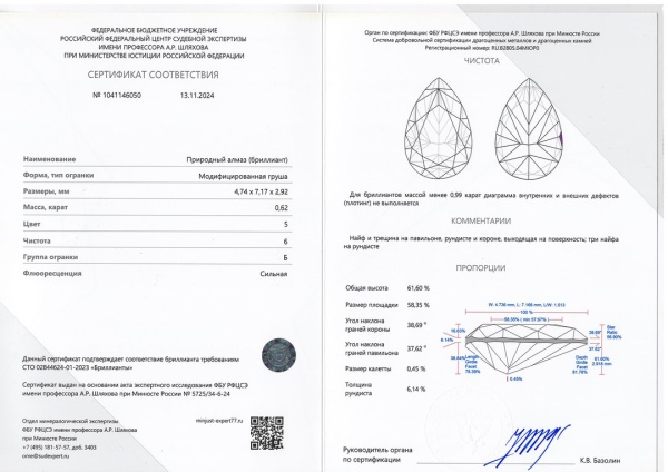 Бриллиант груша 0,620 карат