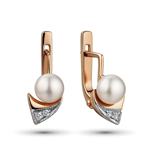 Серьги из комбинированного золота с жемчугом и бриллиантами