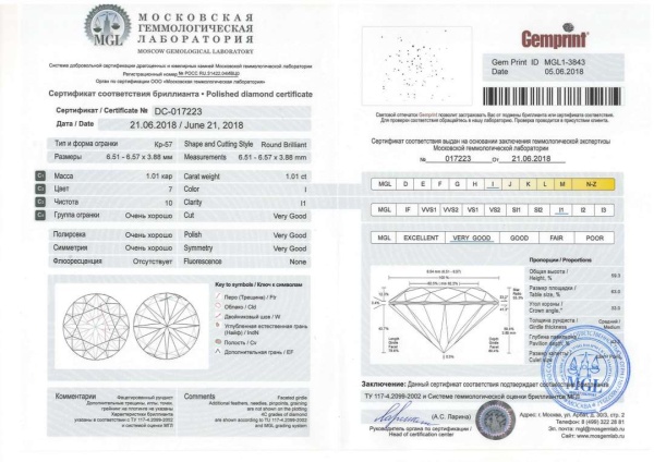 Бриллиант круглый 1,01 карат