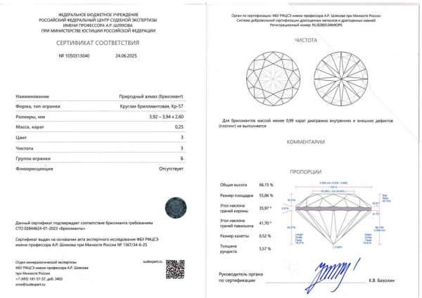 Бриллиант круглый 0,250 карат