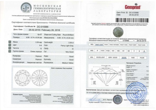 Бриллиант круглый 3,39 карат