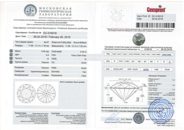 Бриллиант круглый 6,45 карат
