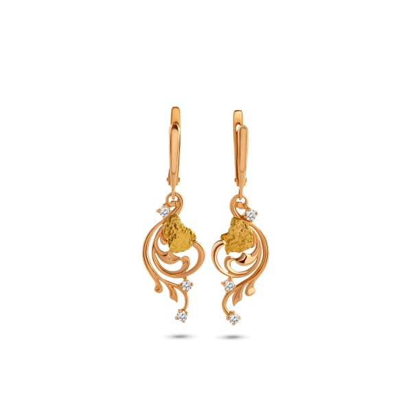 Серьги из желтого золота с самородком и бриллиантами