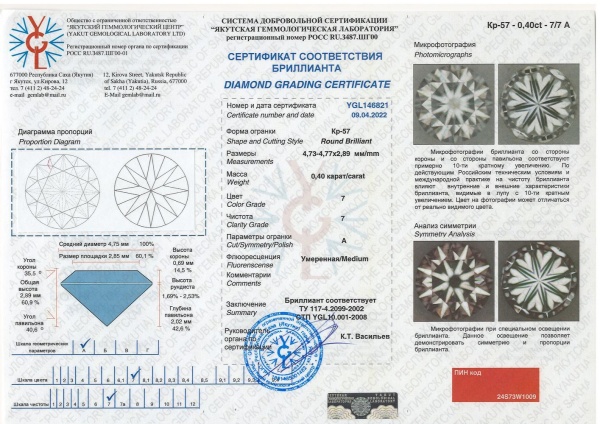Бриллиант круглый 0,400 карат
