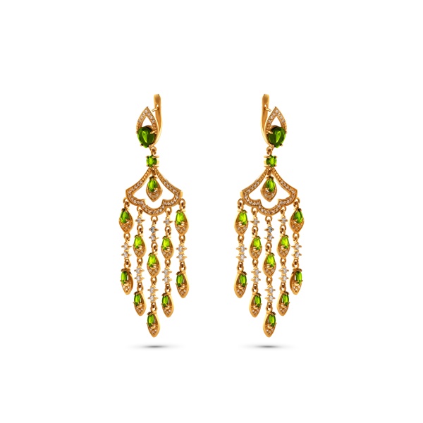 Серьги из желтого золота с хромдиопсидом и бриллиантами