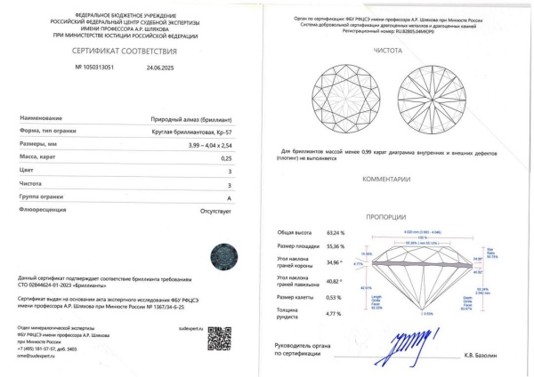 Бриллиант круглый 0,250 карат
