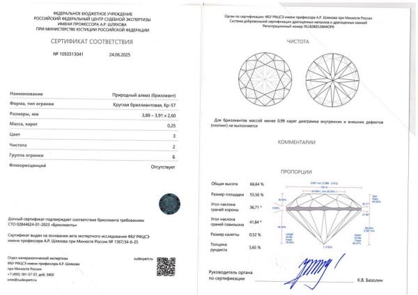 Бриллиант круглый 0,250 карат