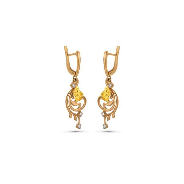 Серьги из желтого золота с самородком и бриллиантами