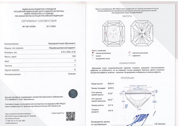 Бриллиант радиант 1,040 карат