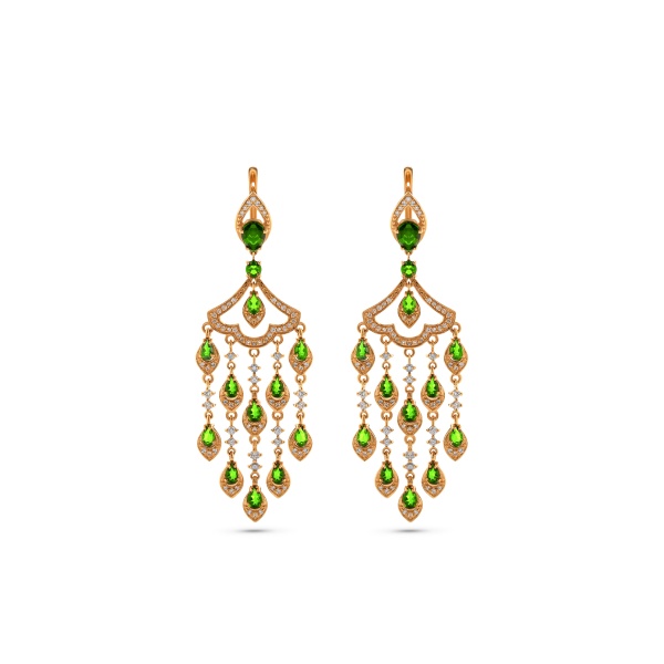 Серьги из желтого золота с хромдиопсидом и бриллиантами