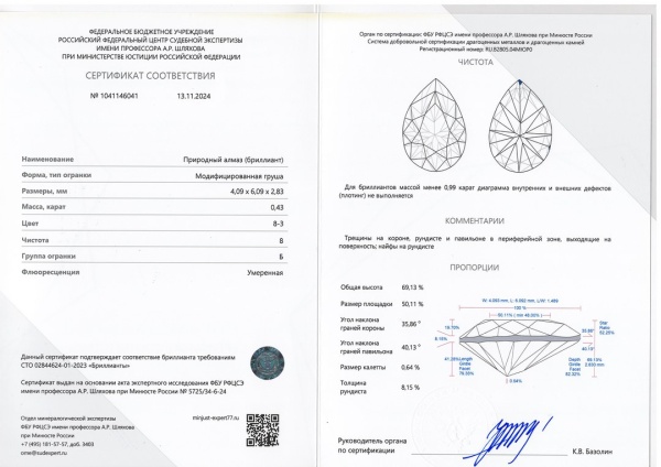 Бриллиант груша 0,430 карат