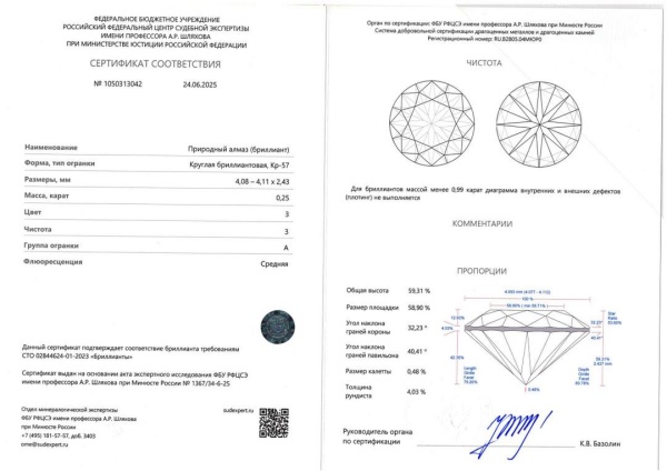 Бриллиант круглый 0,250 карат