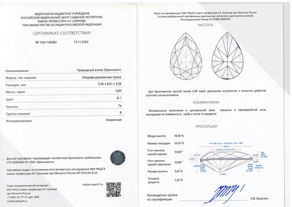 Бриллиант груша 0,830 карат