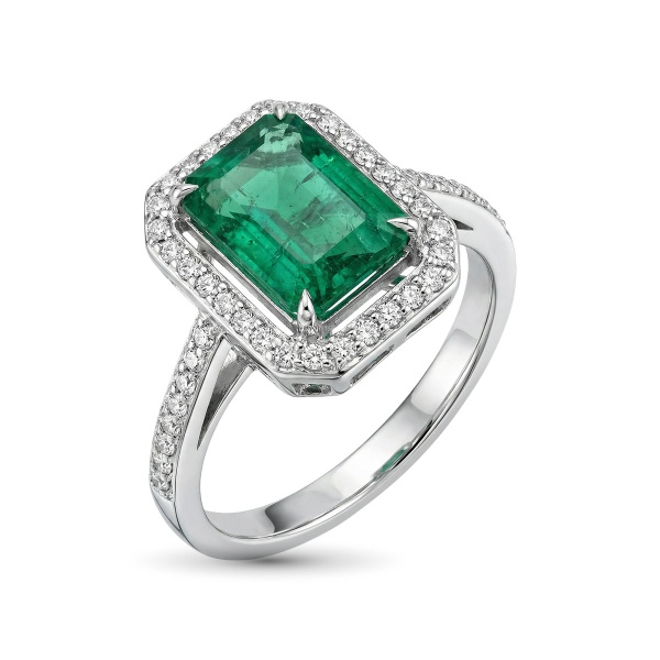 Кольцо из белого золота с изумрудпо и бриллиантами