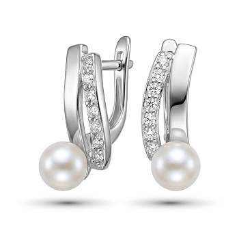 Серьги из родированного золота с жемчугом и бриллиантами