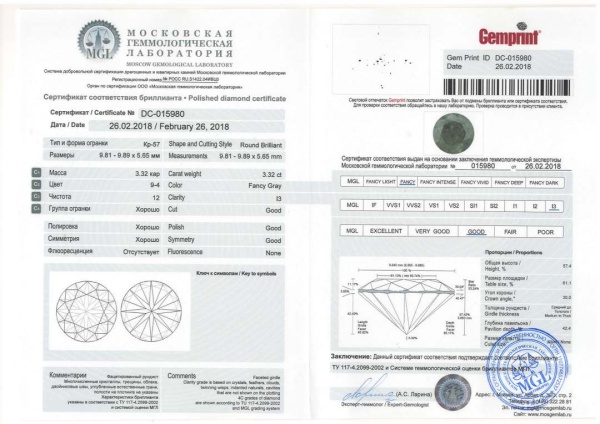 Бриллиант круглый 3,32 карат