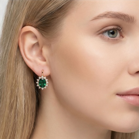 Серьги из красного золота с фианитом и изумрудом