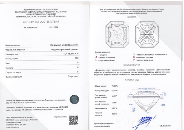 Бриллиант радиант 1,020 карат