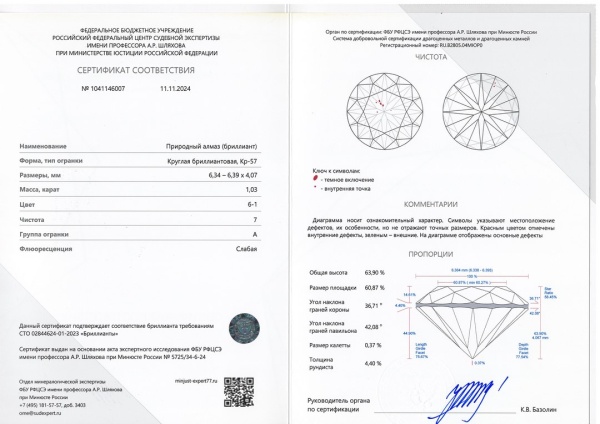 Бриллиант круглый 1,030 карат