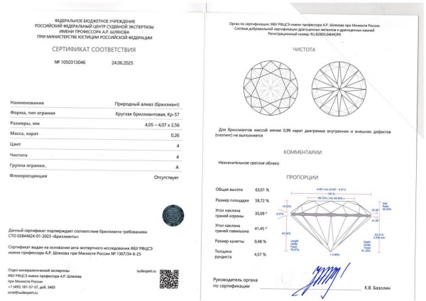 Бриллиант круглый 0,260 карат