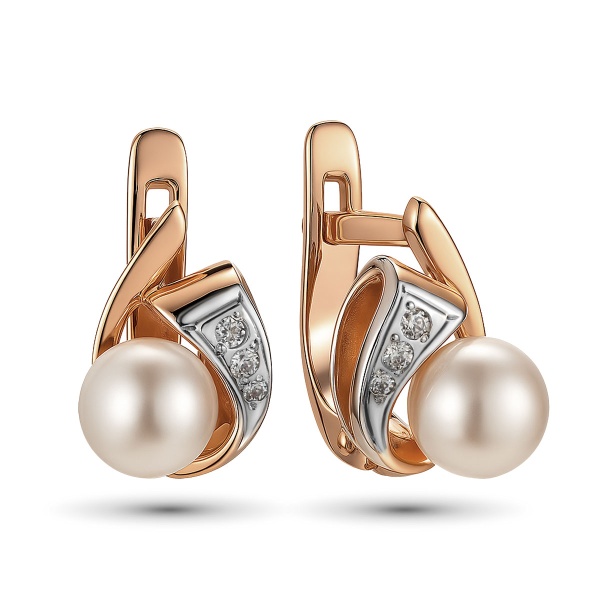 Серьги из красного золота с фианитом и жемчугом