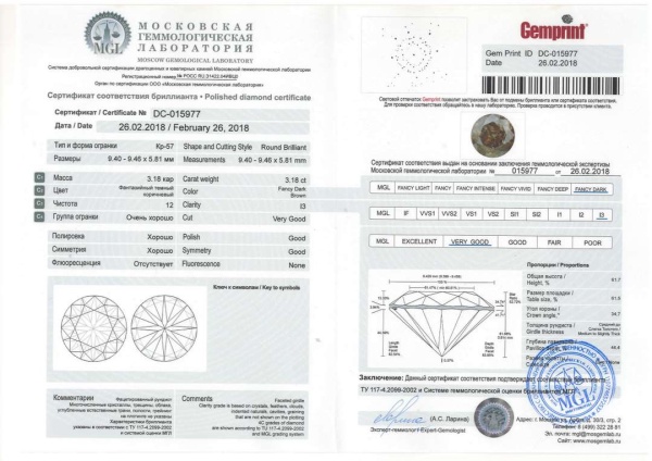 Бриллиант круглый 3,18 карат