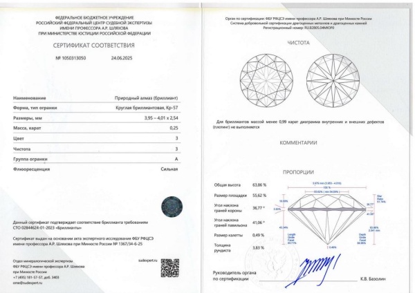 Бриллиант круглый 0,250 карат