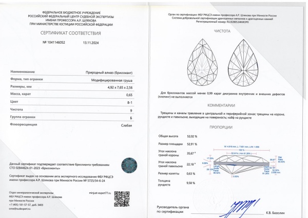 Бриллиант груша 0,650 карат