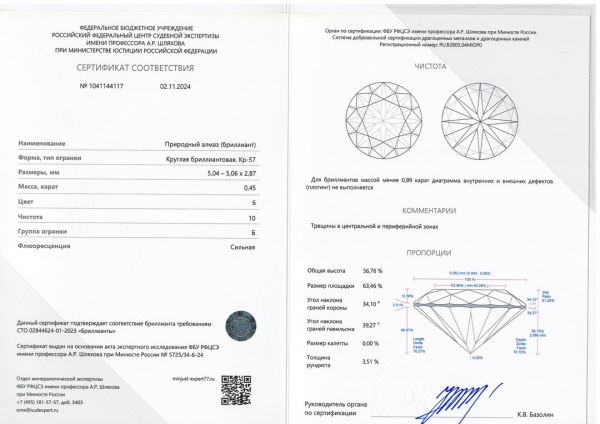 Бриллиант круглый 0,450 карат