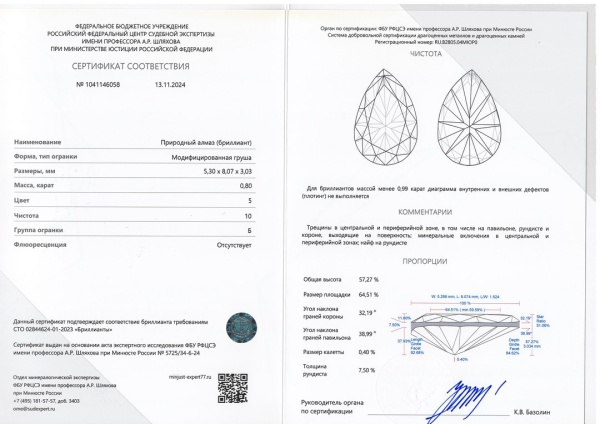 Бриллиант груша 0,800 карат