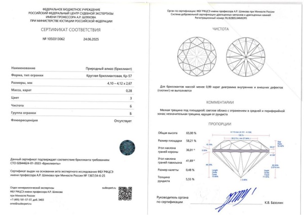 Бриллиант круглый 0,280 карат