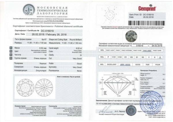 Бриллиант круглый 6,52 карат