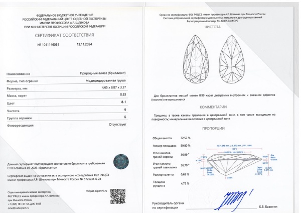 Бриллиант груша 0,830 карат