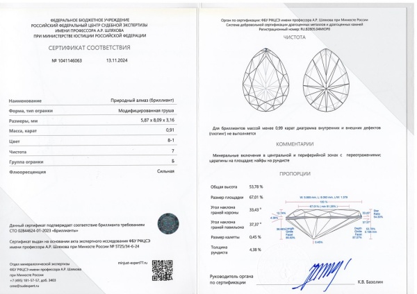 Бриллиант груша 0,910 карат