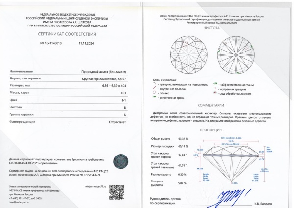 Бриллиант круглый 1,030 карат