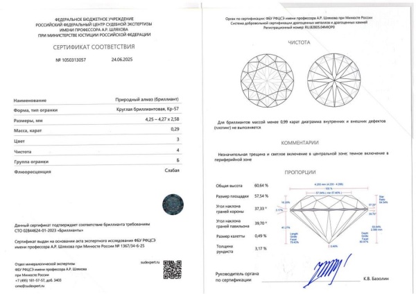 Бриллиант круглый 0,290 карат