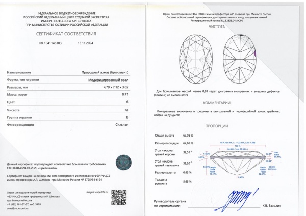 Бриллиант овал 0,710 карат