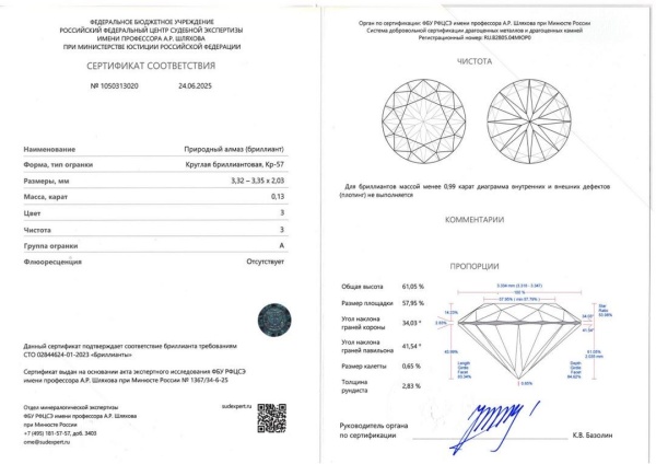 Бриллиант круглый 0,130 карат
