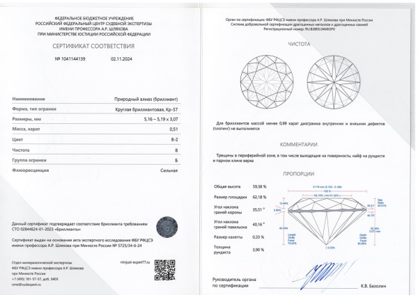 Бриллиант круглый 0,510 карат