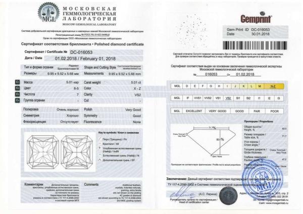 Бриллиант радиант 5,01 карат