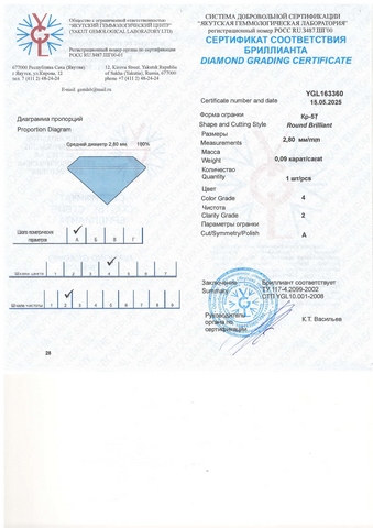 Бриллиант круглый 0,090 карат